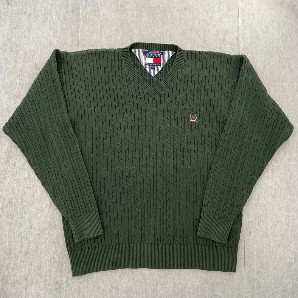 VINTAGE Tommy Hilfiger Sweater Adult XL Green V Neck Cable Knit Crest Logo Mens